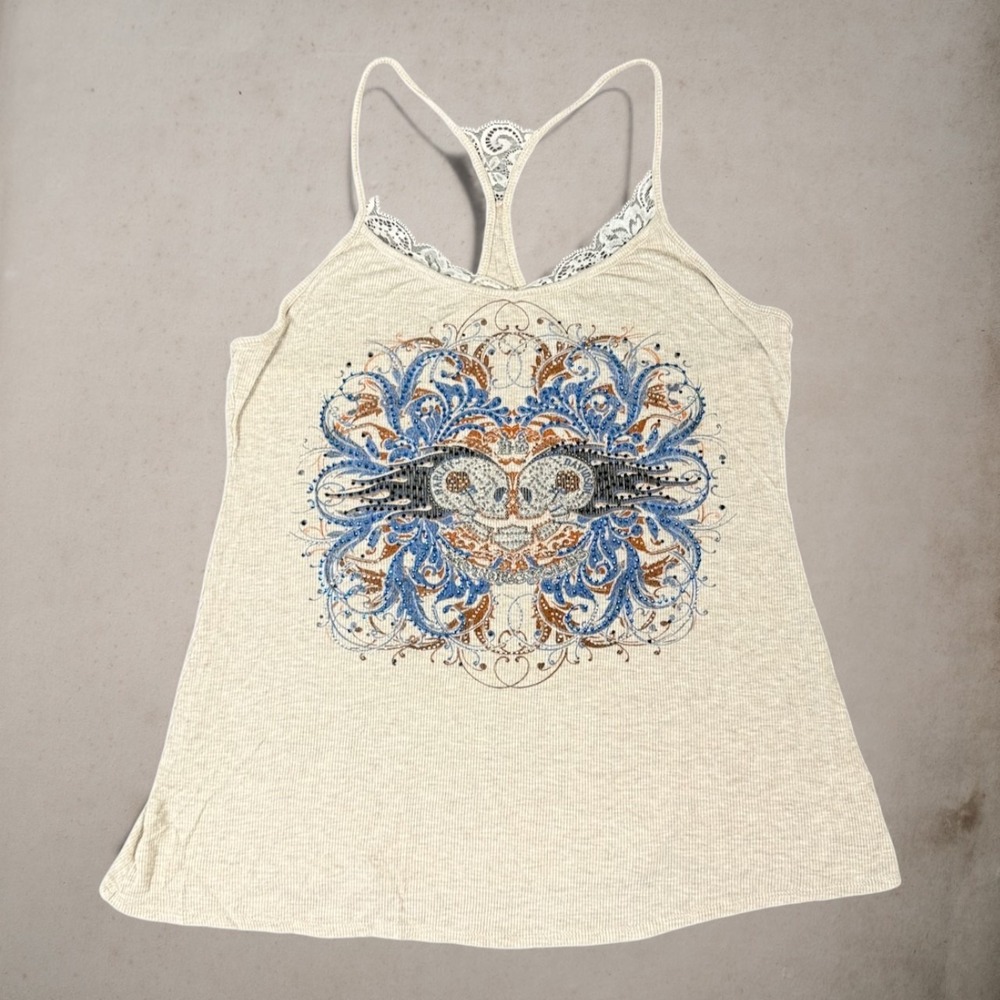 Harley-Davidson Cream Racerback Tank with Blue & Brown Medallion Graphic